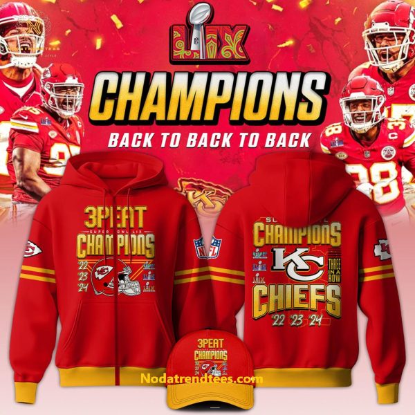 Kansas City Chiefs 3Peat Super Bowl LIX Champions 2022-2023-2024 Special New Hoodie Longpants Cap