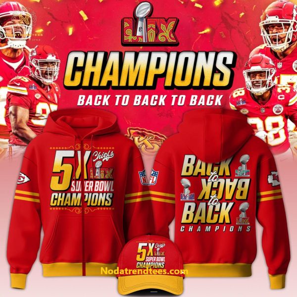 Kansas City Chiefs NFL 5X LIX Super Bowl Champions Back To Back To Back Hoodie Longpants Cap